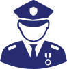 A blue police officer is wearing a uniform.