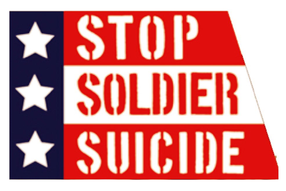 A red white and blue flag with the words " stop soldier suicide ".