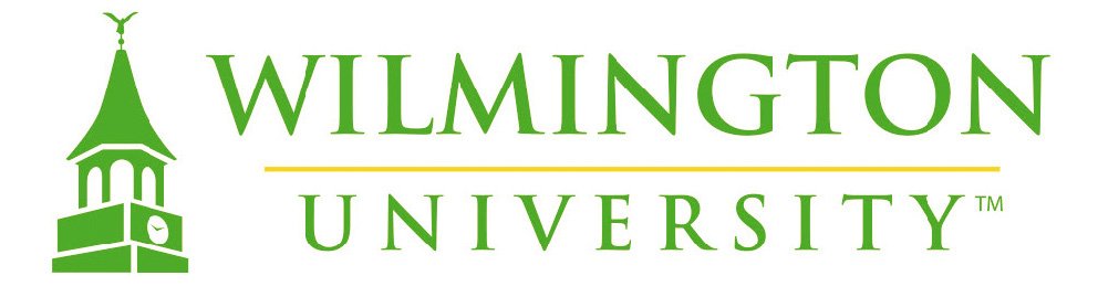 A green and yellow logo for wilmington university.